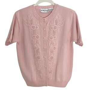 ♥️ Vintage 90s NWT Pink Embroidered Cardigan Sweater Coquette Short Sleeve Small